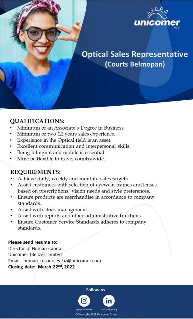 Job Vacancy Optical Sales Representative Courts Optical Belize Eye